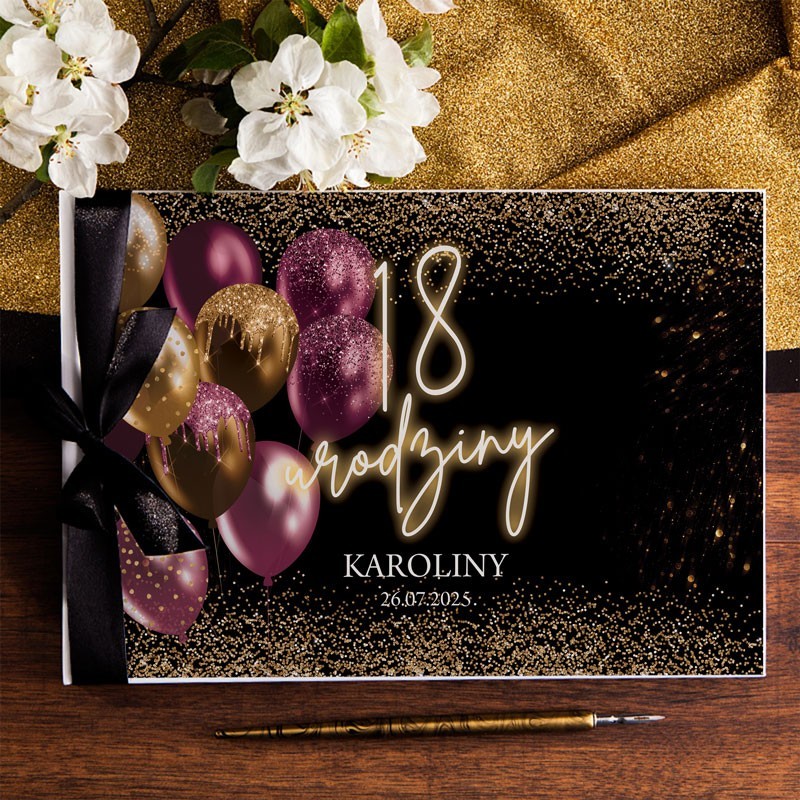 KSIĘGA Pamiątkowa na 18 urodziny Z IMIENIEM Pink&Gold (+czarna wstążka)